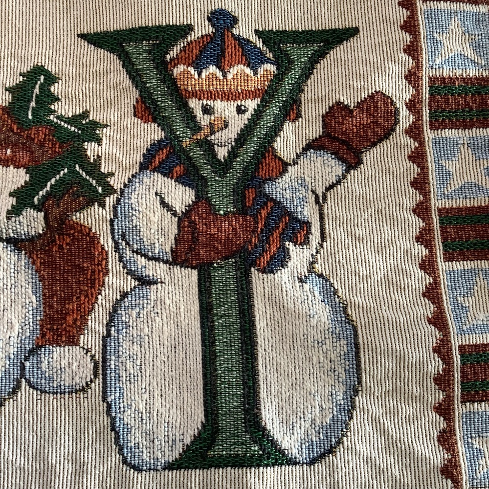 Vintage 90s Christmas Tapestry Table Runner – Santa & Snowmen Form Word "JOY" - Picture 8 of 10